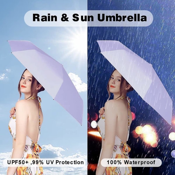 Mini Travel aurinkosateenvarjo kukkaroon case, pieni kompakti UV-sateenvarjo suojaava aurinko, kannettava päivänvarjo sateenvarjo tuulenpitävä, violetti (FMY)