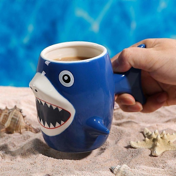 Shark Keramikk Kopp for Barn Gutter Jenter 450ml Varm Sjokolade Kakao Kaffe Te Krus Bursdagsgave Fest Keramisk Drikkekar (FMY) Blue