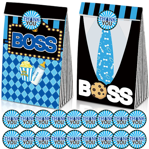 12 st Baby Boy Boss Party Favor Presentpåsar, Boss Godispåsar för Blå Svart Liten Gentleman Födelsedag Baby Shower (FMY)