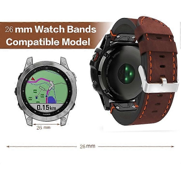 För Garmin Fenix 3 HR 26mm Läder Sutur Stålspänne Klockarmband (FMY) Coffee