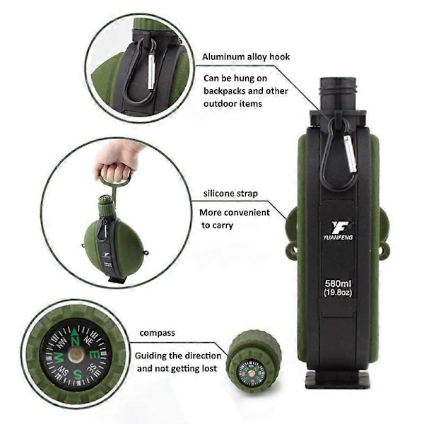 580ml Hopfällbar Silikonvattenflaska med Kompass (Ingen FDA, BPA-fri) - Svart (FMY) Multicolor Army Green