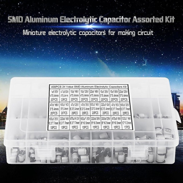 400 st aluminium elektrolytisk kondensator 24 värden 1uf-1000uf Smd radiell kondensator elektroniska komponenter sortimentssats (FMY)