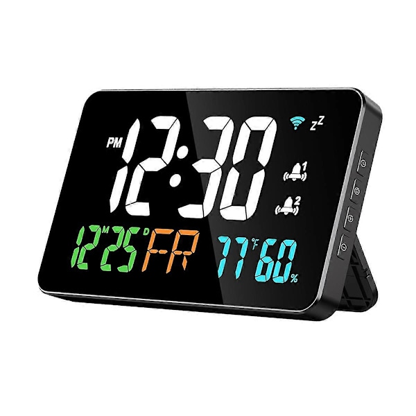 Digital Klocka Väckarklocka WiFi-klocka, Extra Stora Bokstäver, Temperatur och Luftfuktighet, Kalender, Vecka (FMY) Black