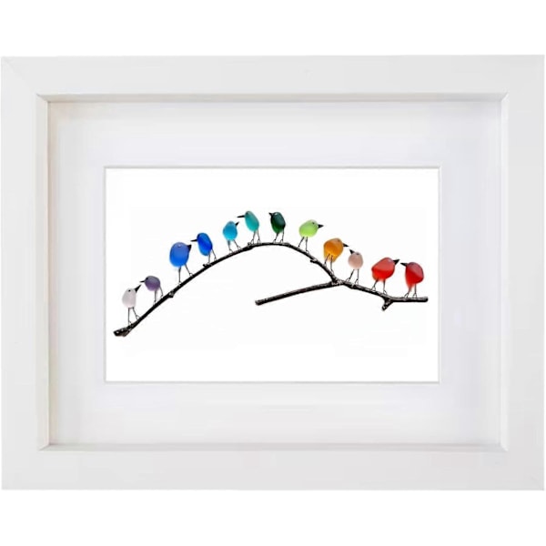 Havglas Regnbue Fugle, Havglaskunst, Havglas & drivtømmer Billede, Regnbue Fugl Vægdekoration, Perfekt Gave Til Jul Fødselsdag Halloween (FMY) White Frame 12 Birds