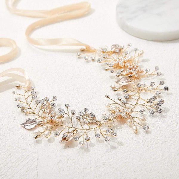Kultainen hääpanta Bohemian päähine morsiamen hiuskappaleille Crystal Pearl Hair Vine Flower Halo Wedding Hair Accessories (FMY)