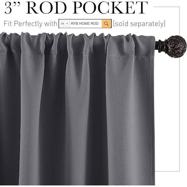 Korta mörkläggningsgardiner för kök, enfärgad halv fönsterbehandling för sovrum energibesparande insynsskydd badrum, B107 x L76 cm, 2-panels set (FMY)
