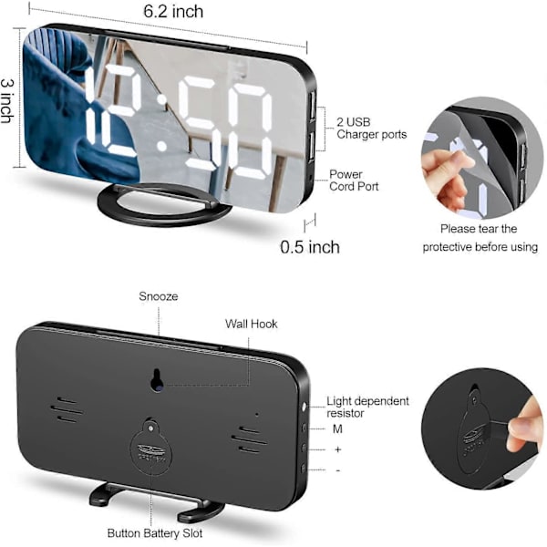 Digital väckarklocka med spegelyta, dubbla USB-portar och LED-display för kontor och hem (FMY) White