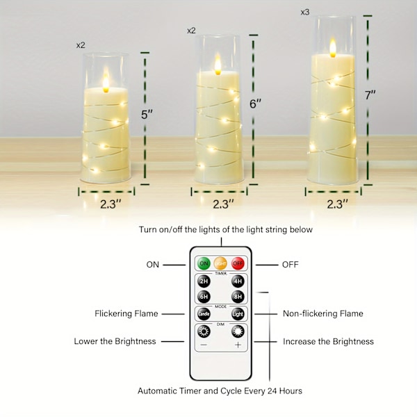 7 Akryl Blinkande LED Lågljuspelare - Batteridriven, Fjärrkontroll, Inbyggd Stjärnsträng, Flimmerande Atmosfär - Perfekt Hemdekor (FMY) White D2.3"xH5"5"6"6"7"7"7"