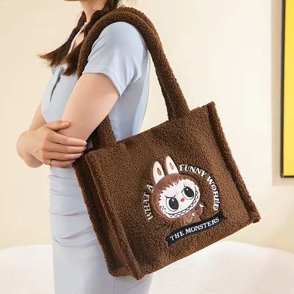 Söt Labubu Enkel Axelväska Tecknad Anime Ny Stor Kapacitet Bärbar Handväska För Flickor Utflykter Mobil Pengaförvaringsväska(FMY) Brown small bag 34cm28cm