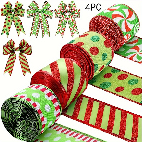 4 Ruller med 2,5 tommer bredt, trådbundet julebånd med grønn og rød glitterstripe, polka dots og trådbundet kant - Perfekt for julekrans, Bo (FMY) 4pcs