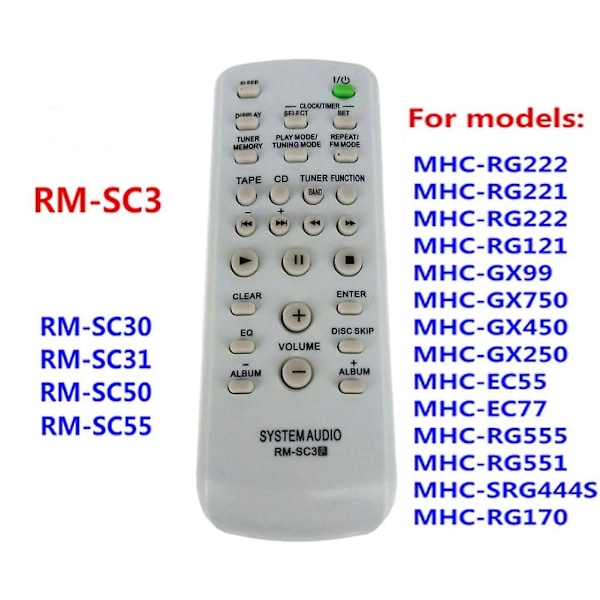 Fjernkontroll for CD HiFi-system -sc3 -sc30 -sc50 -sc55 Mhc-rg29 Mhc-rg490s -eh10 -u1 -cpz1  (FMY) White