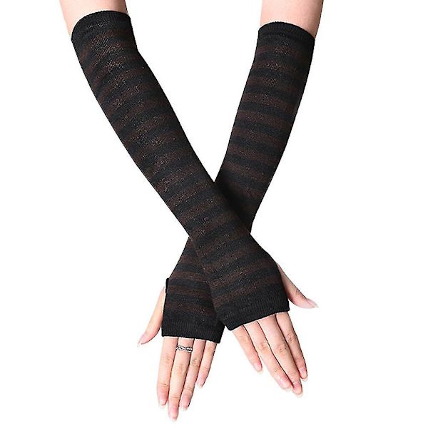Dame håndledsvarmere luffer lange hånd fingerløse stribede handsker  (FMY) Black and Brown