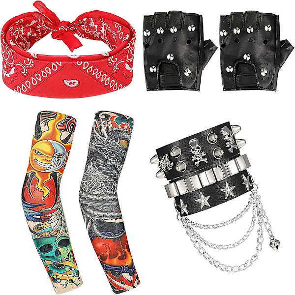 1980-luvun miesten metallirokkari rocktähti rock and roll -asuvarusteet 70-luvun ja 80-luvun asusteet, hiuspanta, tatuointiranneke, hanskat, punk-ranneke (FMY) 5 Pieces