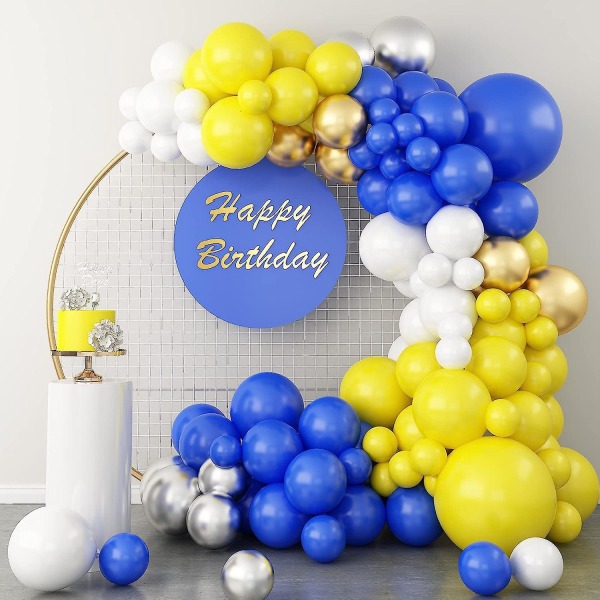 Blå gul hvid ballonguirlandesæt, 115 stk metallisk guld- og sølvballonbuesæt, 5 10 12 18 tommer til babyshower (FMY)
