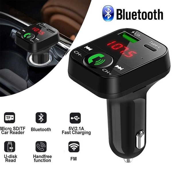 Trådløst digitalt LED-bilsett Bluetooth 5.0 Fm-sender Mp3-spiller USB-port Type-c portladeradapter (FMY)