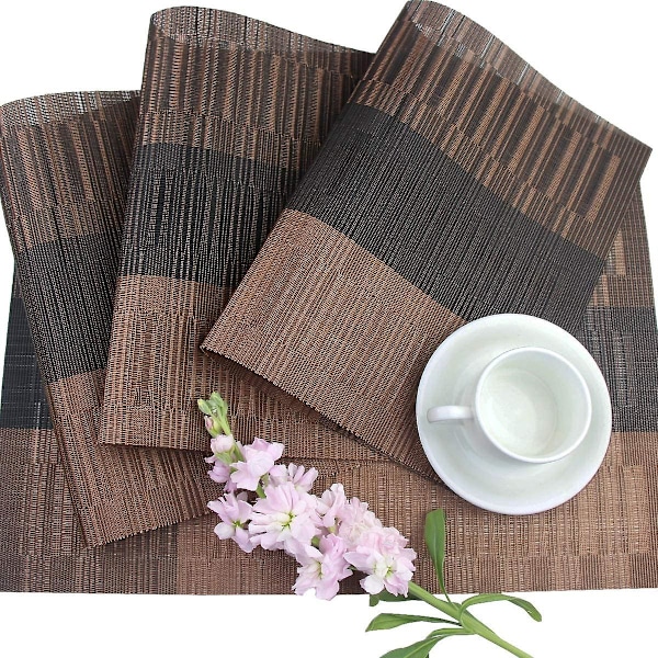 Plassmatter, holdbare plassmatter for spisebord, vaskbare vevde vinyl kjøkkenplassmatter sett med 4 (brun)  (FMY)
