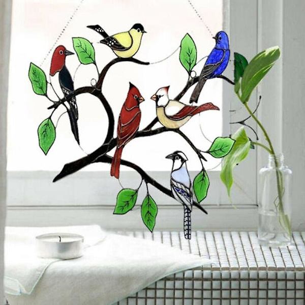 Glassfugler på gren metallvindupanel hengende dekor solfanger hjemmepynt (FMY)
