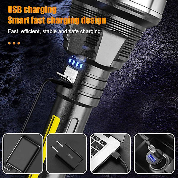 Led lommelygte Cob sidelys USB genopladelig superlys udendørs bærbar lommelygte vandtæt søgelys lommelygte til jagt camping vandreture  (FMY)