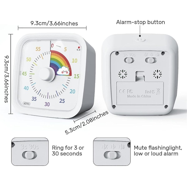 60 Minutters Visuell Timer med Beskyttende Etui, Regnbue-Skive Timer, Stille Nedtelling Tidshåndteringsverktøy (FMY) White