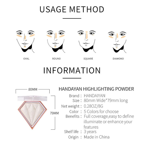 5-fargets highlighterpudder for ansiktsmakeup, glitterpalett, glød for illuminator, kosmetikk, lysere hudtone, kontur, Shi (FMY)