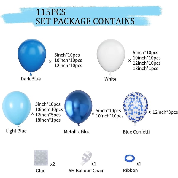 Blå ballonguirlande, 115 stk. Mørk og lyseblå hvid metallisk konfetti blå latexballoner, 5 10 12 18 tommer forskellig størrelse (FMY)