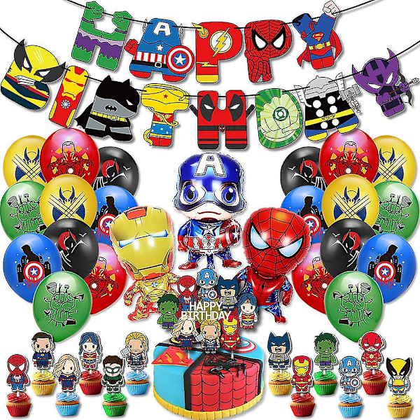 Spider-Man Iron Man Cartoon Superhjälte Tema Födelsedag Dekoration Ballonger Banner Cupcake Cake Topper Set Party Tillbehör G  (FMY)