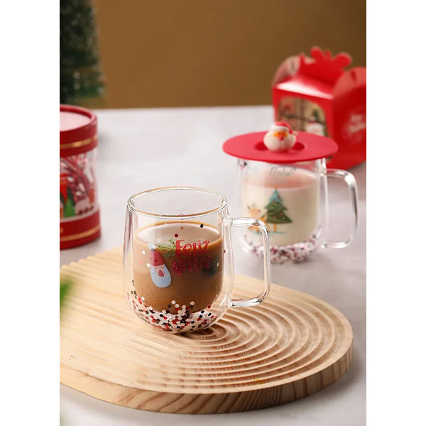 250ml Jule-Isoleret Dobbeltlags Glaskop Varmebestandig Genanvendelig Julemand Snemand Kaffe Kops med Silikonlåg Kops(FMY) J2594-Red-tree 250ml