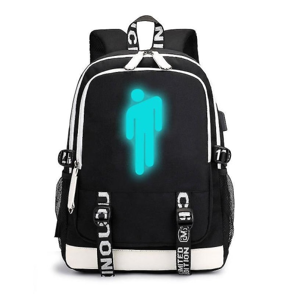Billie Eilish Billie Eilish Pattern USB Laddningsryggsäck Student skolväska Outdoor Shoulder Schoolbag (FMY)