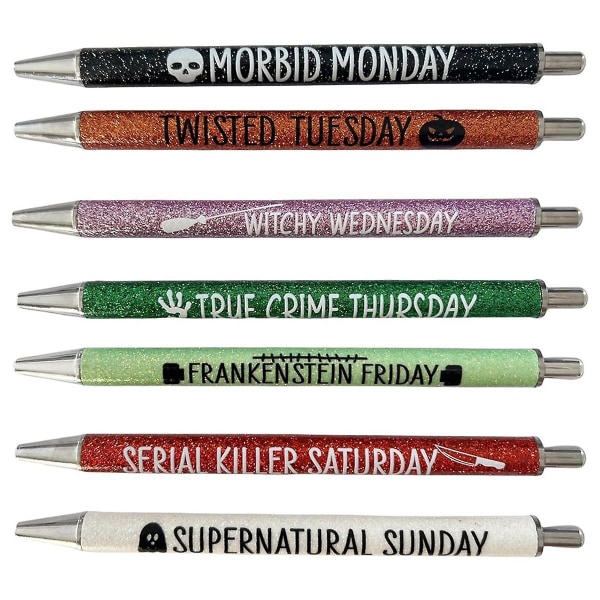 7 stk Halloween Weekday Penne Glitter Pen Med Sjove Ordsprog Levende Passive Fancy Kuglepenne Søde Gaver (FMY)