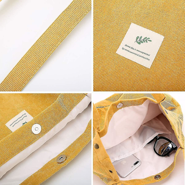 Cordfløyel Tote Bag for kvinner, jenter og barn, skulderbag med innerlomme, handlepose (FMY) Yellow