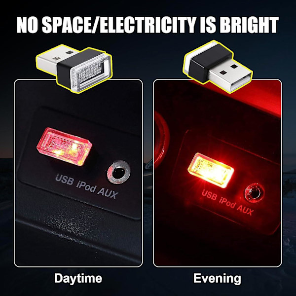 4 stk USB LED-lys for bilinteriør, bærbar mini LED-nattelys, plug-in USB-grensesnitt bagasjerom atmosfærebelysningssett (rød) (FMY)