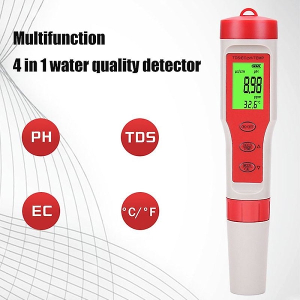 Profesjonell 4-i-1 pH EC TDS-måler Vannkvalitetstester Digital pH/TDS/EC/temperaturmonitor for basseng, akvarier, drikkevann (FMY)