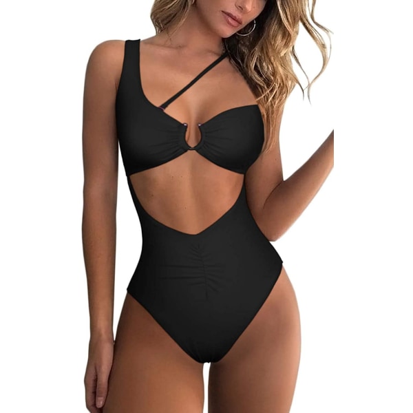 Womens One Shoulder Cutout Ruched Back High Cut Monokini One Piece Swimsuit, Black, L (FMY)