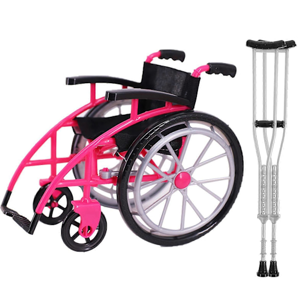 1 Set Of Doll Wheelchair And Crutches Playset Red Mini Wheelchair Model Miniature Wheelchair Crutch Ornaments For Kids Pretend Play Toy For  (FMY)