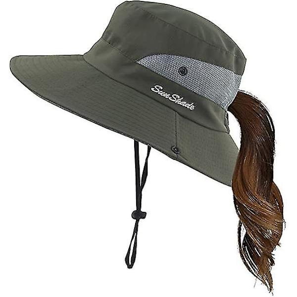 Dam sommar solhatt bred brätte utomhus UV-skydd hatt hopfällbar hästsvans hink keps för strand fiske vandring  (FMY) Army Green
