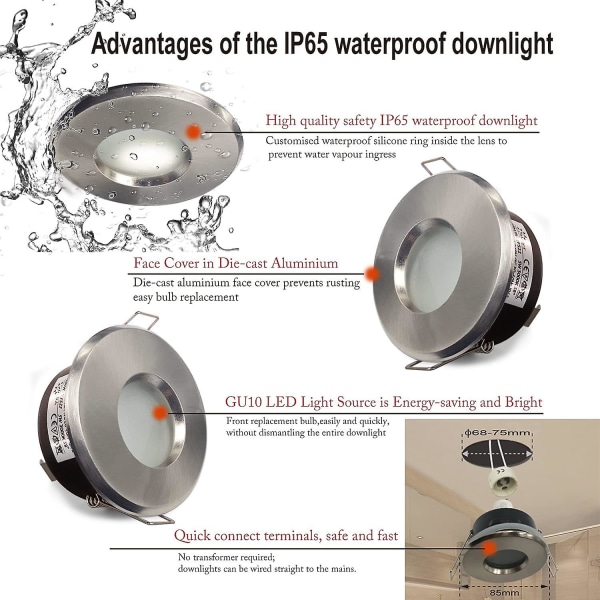 Ip65 Waterproof Led Recessed Spotlight, Gu10 Socket Configuration, Suitable (bulb Not Included) Satin Nickel Downlight Cutout 75mm  (FMY)