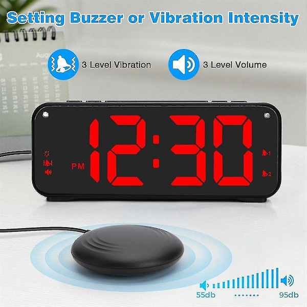 Hög ljudalarmklocka för tunga sovande vuxna, dubbel alarmklocka med sängvibrator, för sovrum, 6,5 tum stor display med dimmer (FMY) As Shown
