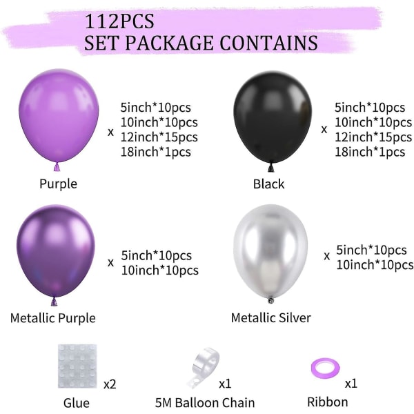 Lilla ballonguirlandesæt, 112 stk. sort lilla metallisk sølv ballonbuesæt, 5 10 12 18 tommer latexballoner til eksamen (FMY)