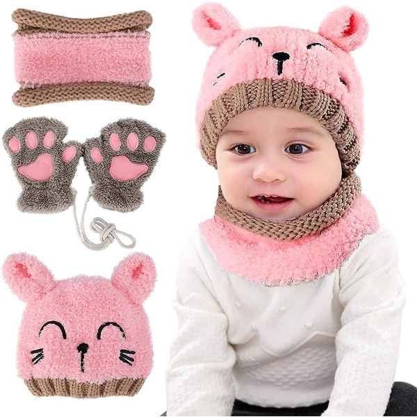 Hattørklæde og handskersæt til piger, pink strikket babyhue-tørklædehandskesæt (FMY)