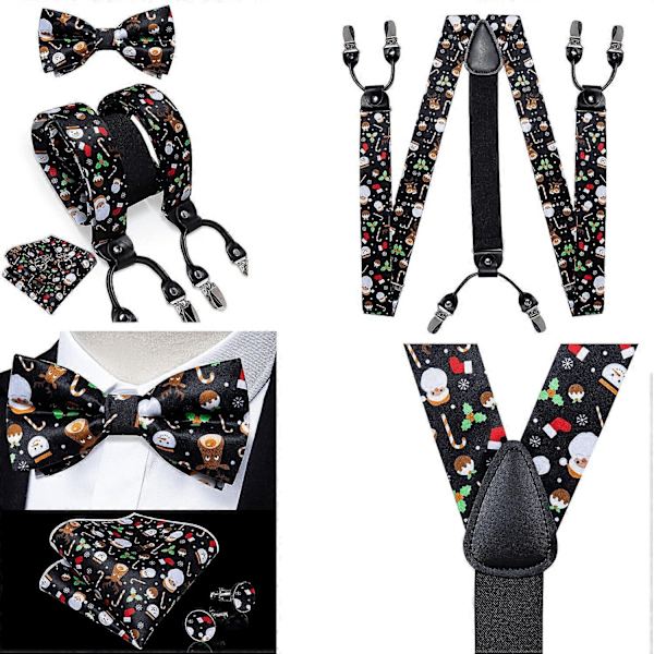 Julegave til mænd - Elastiske seler med justerbar sort butterfly-sløjfe, manschetknapper, juletræ, julemand, Y-formet bagside, brede stropper, metalclips (FMY) BD-4051