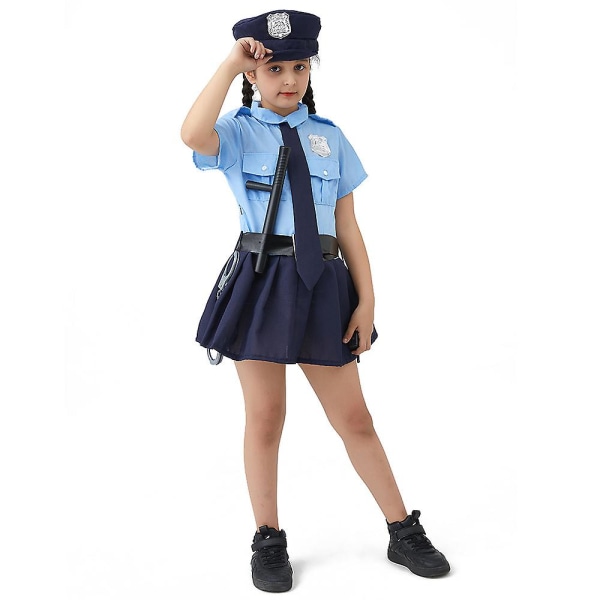 Flickor Poliser Uniform Barn Polis Uniform Klänning Halloween Cosplay kostym med hatt Leksak Handfängsel Knytbälte (FMY)