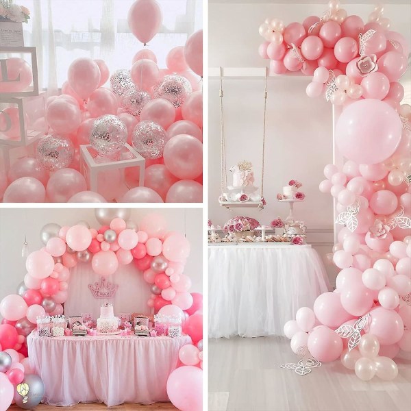 Rosa ballonger set, 60 st rosa och vita ballonger, silvermetalliska ballonger, silverkonfettiballonger, festballonger, latexballonger (FMY)