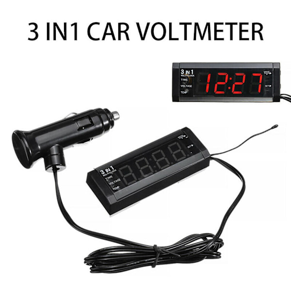 Auton kello DC 12v Monitoiminen 3-in-1 Digitaalinen sähkömittari Volttimittaripaneeli autoon (FMY) Blue