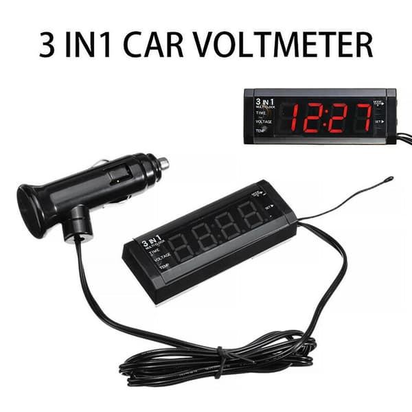 Bilklokke DC 12V Multifunksjonell 3 i 1 Digital Elektrisk Måler Voltmeter Panel for Bil (FMY) Red
