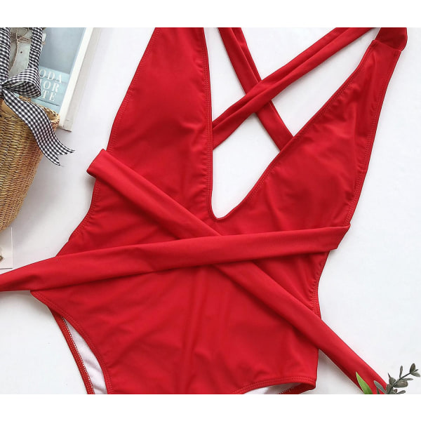 Sexig Tie Criss Cross Plunge One Piece Thong Swimsuit High Cut Brazilian Bathing Suit, Röd, L (FMY)