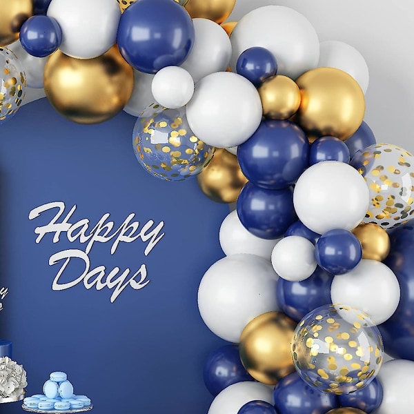 Marineblå guld ballonguirlande buesæt, blå guld og hvide balloner, 102 stk med konfetti guld festdekorationsballoner, mat latex (FMY)