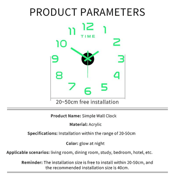 40cm Lysende Veggklokker Diy Digital Klokke Lysende Klokke Akryl Diy Veggklokke Stue Soverom Veggklistremerke Klokke  (FMY)