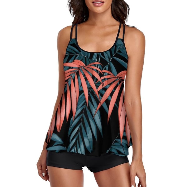 Flowy Tankini Badedragt Dame Tummy One Piece Badedragt Todelt badedragt Tanktop med Shorts Røde Blade S (FMY)