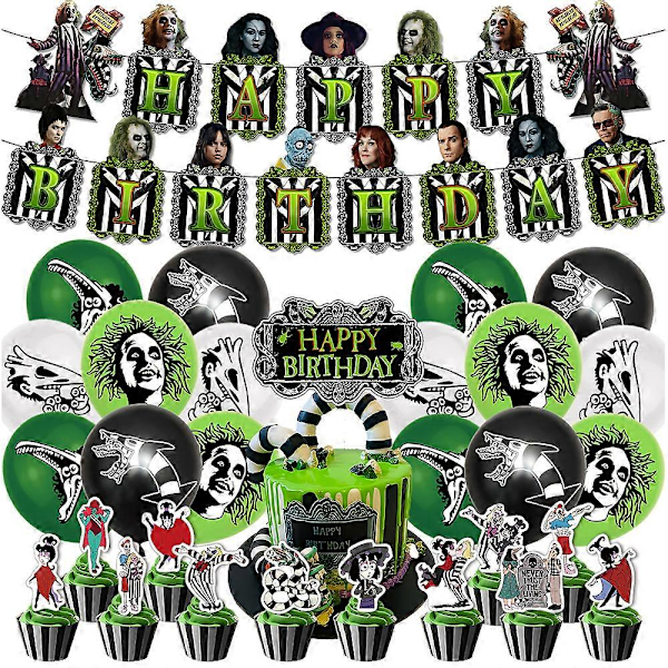 Beetlejuice-teemainen syntymäpäiväjuhlatarvikkeet, ilmapallosetti, banneri, kakun ja cupcake-koristeet (FMY)