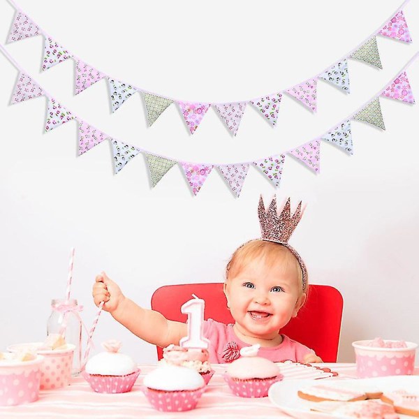 3m Flagbanner med prikker i blomstermønster i bomuldsstof - 12 trekantflag til dekoration til bryllup, fødselsdag, babyshower, dimission